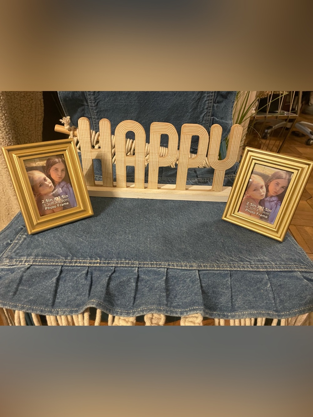 Wooden "HAPPY" Tabletop Sign - Natural Wood Accent 2 small gold plastic frames